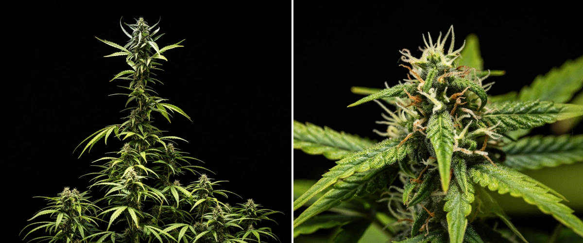 Cannabispflanze NYC Sour Diesel Auto in Woche 7 der Blüte mit dichten, klebrigen Blüten, erhöhter Harzproduktion, einer Hauptcola nahe am Licht, leicht aufgehellten Blättern und gestützten, sich biegenden Zweigen