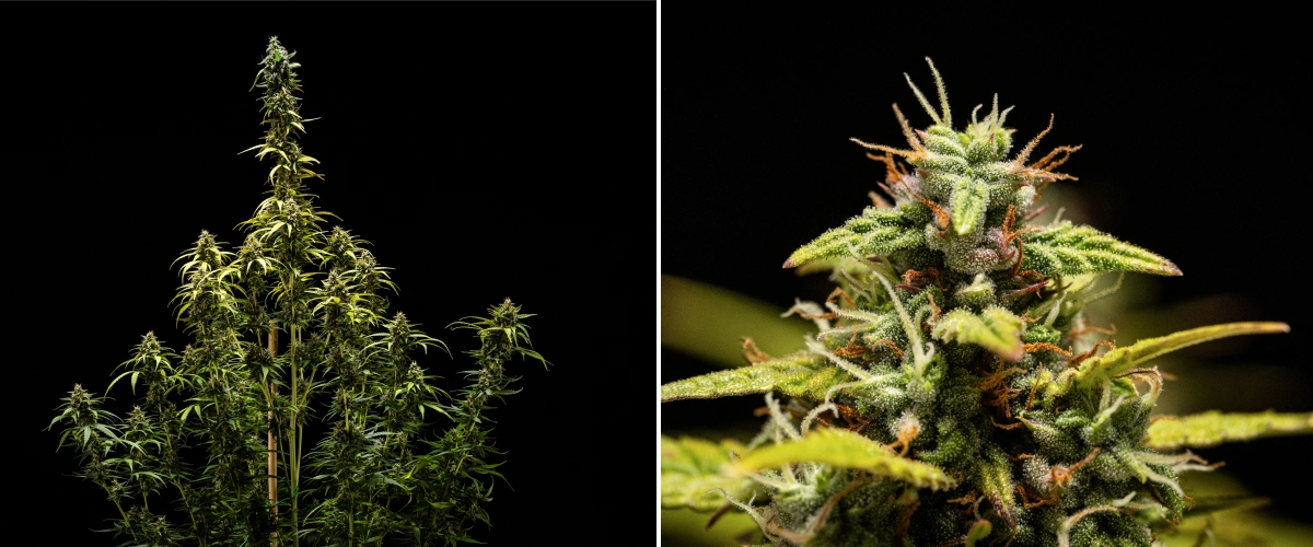 Cannabispflanze NYC Sour Diesel Auto in Woche 9 der Blüte zur Ernte, mit überwiegend milchigen Trichomen, dichten Blüten, hoher Struktur und leichtem Lichtstress an der oberen Cola