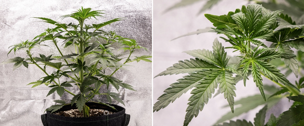 Royal Creamatic Grow Report: Woche 4 Frühe Blüte Royal Creamatic Cannabispflanze in Woche 4, mit frühem Blütestadium, gesundem grünem Laub, frischen Blütenstempeln und kräftiger Zweigentwicklung.
