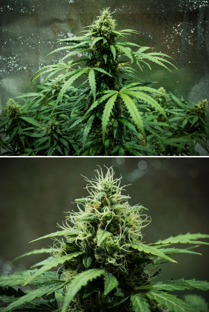 Royal Dwarf Grow Report: Woche 7 Dichte Buds Royal Dwarf Cannabispflanze in Woche 7, mit dichten klebrigen Buds, weißen Blütenstempeln, harzigen Blüten und gesundem grünem Laub.