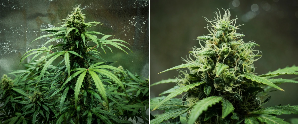 Royal Dwarf Grow Report: Woche 7 Dichte Buds Royal Dwarf Cannabispflanze in Woche 7, mit dichten klebrigen Buds, weißen Blütenstempeln, harzigen Blüten und gesundem grünem Laub.