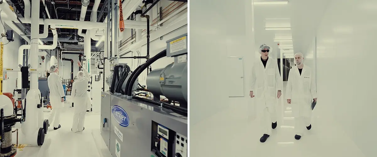 CRIC Labs Cannabis Anbau im Kanadischen Winter Führer Eine Illustration von Max, der sich CRIC Labs in einem verschneiten kanadischen Winter nähert, im Kontrast zu einem hochmodernen indoor Anbauraum mit Cannabis-Hybriden, fortschrittlicher Beleuchtung und Klimakontrolle, auf einem grünen Hintergrund.