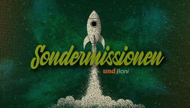 Ankündigung von Spezialmissionen und Boni Eine Illustration einer Rakete, die in den Weltraum startet, mit dem Text