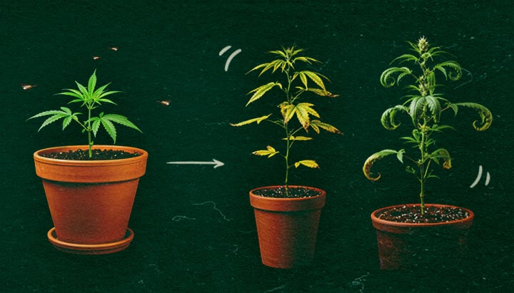 Drei Topf-Cannabispflanzen mit CCYV-Symptomen, gelben und gekräuselten Blättern auf grünem Hintergrund.