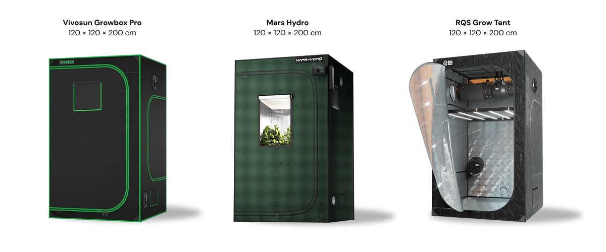 Drei Growboxen mit 120 × 120 × 200 cm nebeneinander: Vivosun Growbox Pro, Mars Hydro und RQS Grow Tent