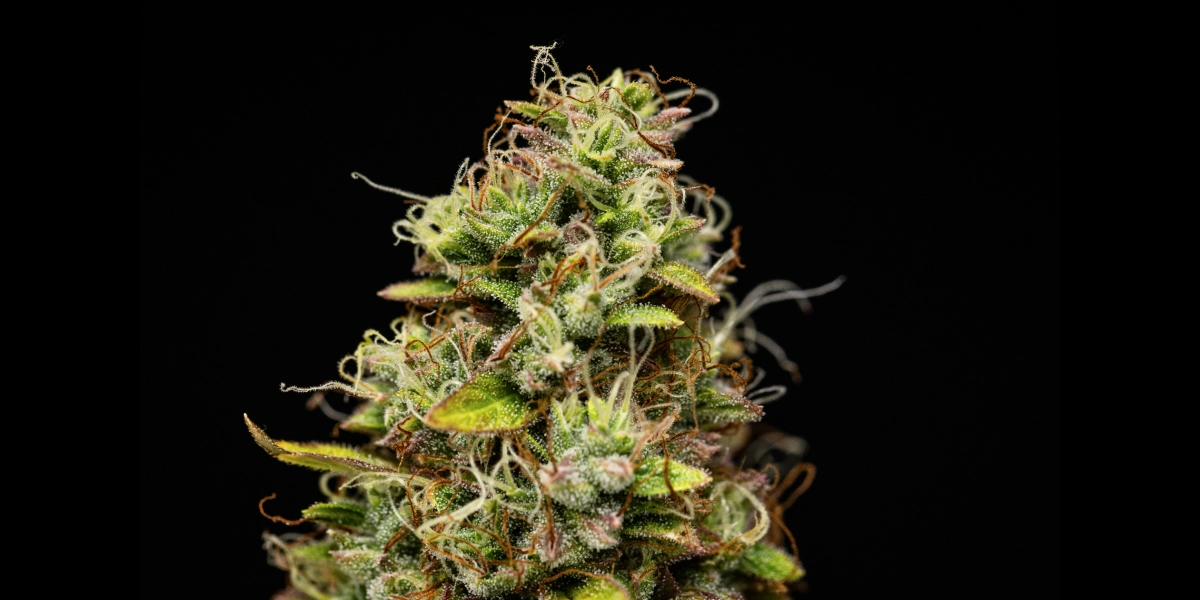 Wedding Cake Auto: starker Ertrag ohne viel Höhe Wedding Cake Auto Cannabis-Bud mit dichten harzigen Blüten, orangefarbenen Blütenstempeln, grünen Zuckerblättern und kompaktem Wachstum vor dunklem Hintergrund.