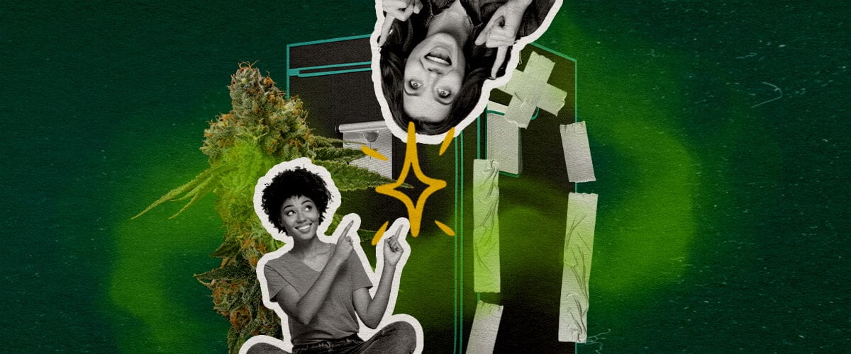 Was Macht ein Grow-Zelt Wirklich Geruchsdicht Cannabis Eine Illustration von Cannabisknospen mit zwei Frauen und einem mit Klebeband versiegelten Grow-Zelt, auf einem grünen Hintergrund, die untersucht, was ein Grow-Zelt geruchsdicht macht.