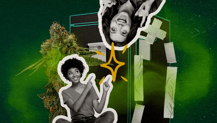 Was Macht ein Grow-Zelt Wirklich Geruchsdicht Cannabis Eine Illustration von Cannabisknospen mit zwei Frauen und einem mit Klebeband versiegelten Grow-Zelt, auf einem grünen Hintergrund, die untersucht, was ein Grow-Zelt geruchsdicht macht.