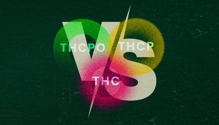 Entdecken Sie die Unterschiede zwischen THCPO, THCP und THC mit dieser Lebhaften Vergleichsgrafik Farbige Grafik, die THCPO, THCP und THC vergleicht, mit fetter Schrift und lebhaften grünen, pinken und gelben Tönen auf einem dunkelgrünen Hintergrund, ideal für Cannabis-Vergleichsartikel.