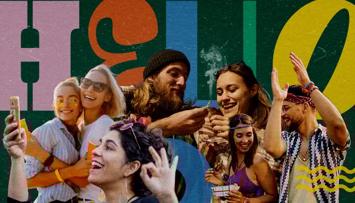 Gruppe von Freunden bei einem cannabis-freundlichen Musikfestival, lächelnd, Selfies machend, tanzend und einen Joint teilend, mit einem farbenfrohen Hintergrund aus grünen, gelben und blauen geometrischen Formen, der die lebendige Festivalatmosphäre einfängt.