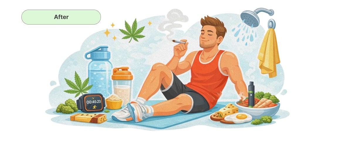 Illustration eines Läufers, der sich nach dem Training mit Cannabis entspannt, mit Essen, Hydration, Dusche und Erholungselementen