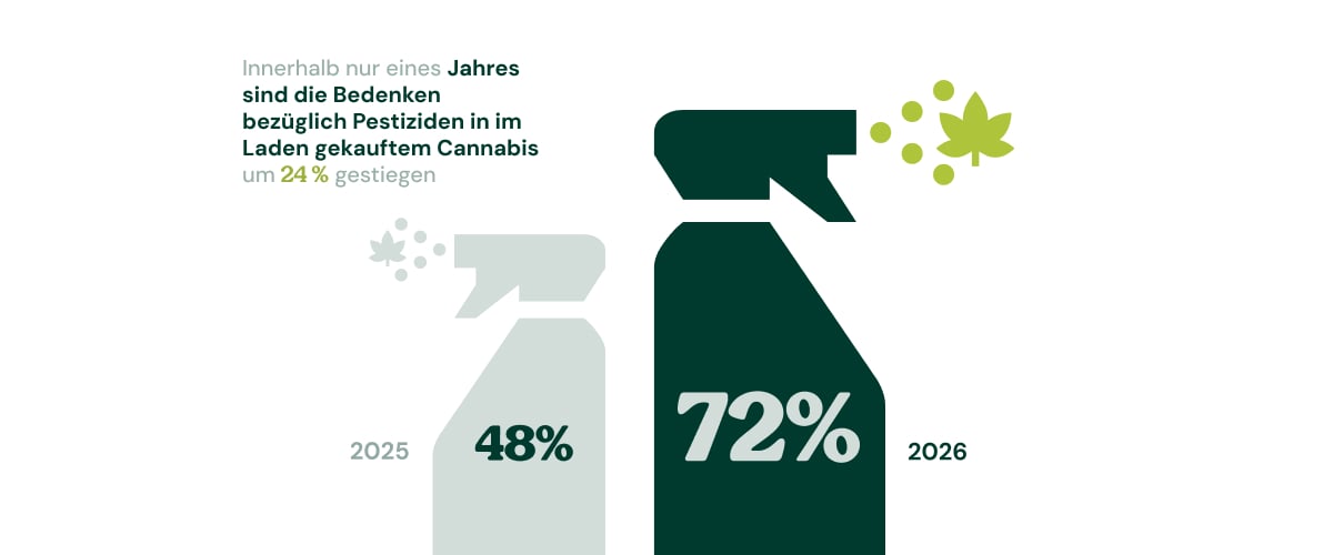 De zorgen over pesticiden in cannabis nemen toe Infographic die laat zien dat de zorgen over pesticiden in in de winkel gekochte cannabis zijn gestegen van 48% in 2025 naar 72% in 2026.