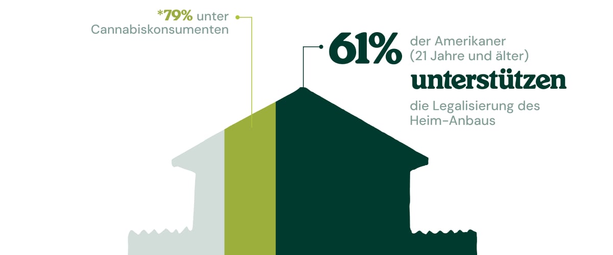 Infografik zeigt, dass 61 % der Amerikaner ab 21 Jahren die Legalisierung des Eigenanbaus unterstützen. Unter Cannabiskonsumenten steigt dieser Wert auf 79 %.