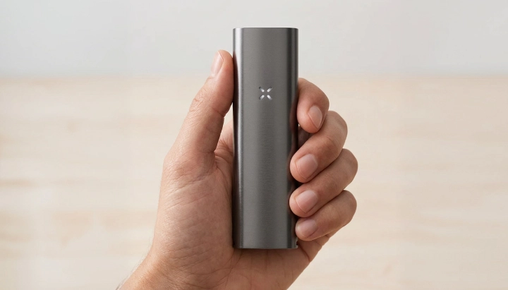 Produktansicht des PAX Four Vaporizers in der Hand PAX Four Vaporizer in einer Hand gehalten, mit schlankem mattem Gehäuse, kompakter Größe und LED-Blütenblattanzeige auf der Vorderseite
