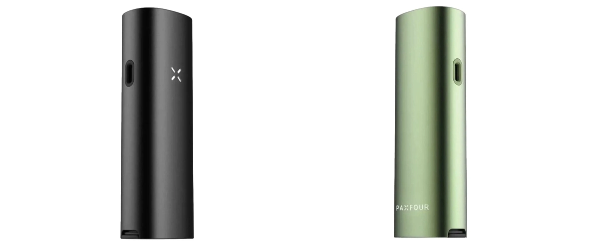 Farboptionen des PAX Four Vaporizers in Schwarz und Grün Schwarzer und grüner PAX Four Vaporizer nebeneinander, mit schlankem kompaktem Design, LED-Blütenblattanzeige, seitlichem Ladeanschluss und Farboptionen