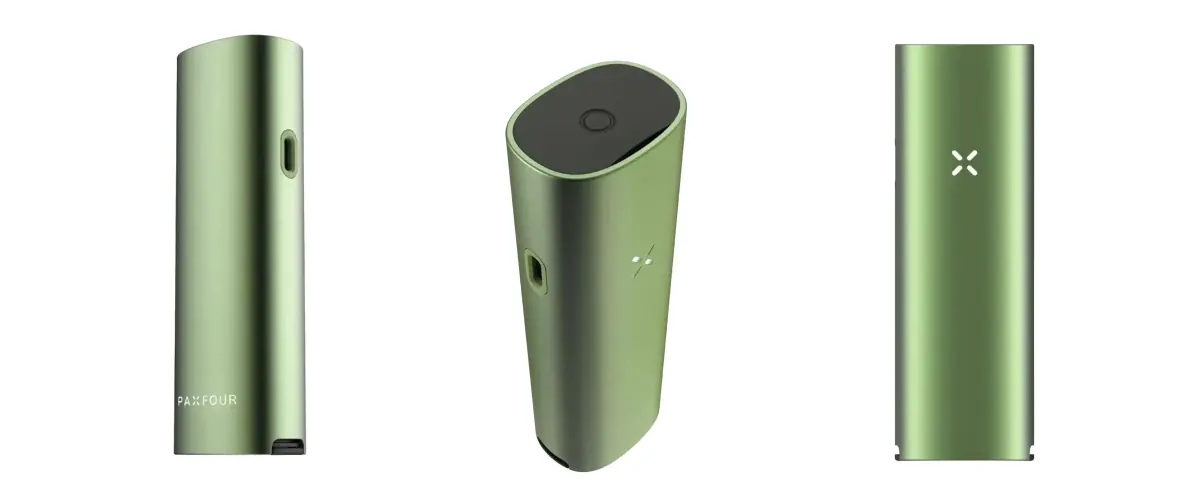 Produktansicht des grünen PAX Four Vaporizers Grüner PAX Four Vaporizer aus mehreren Blickwinkeln, mit schlankem Design, Mundstück, Power-Taste, LED-Blütenblattanzeige und kompaktem Gehäuse