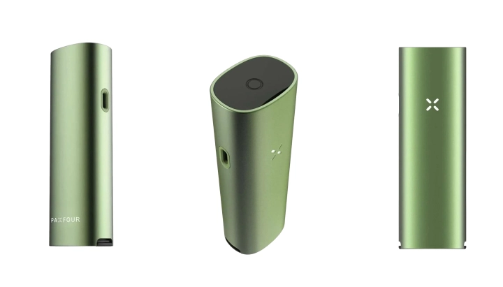 Produktansicht des grünen PAX Four Vaporizers Grüner PAX Four Vaporizer aus mehreren Blickwinkeln, mit schlankem Design, Mundstück, Power-Taste, LED-Blütenblattanzeige und kompaktem Gehäuse
