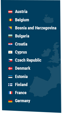 Austria, Belgium, Bosnia and Herzegovina, Bulgaria, Croatia, Cyprus, Czech Republic, Denmark, Estonia, Finland, France, Germany