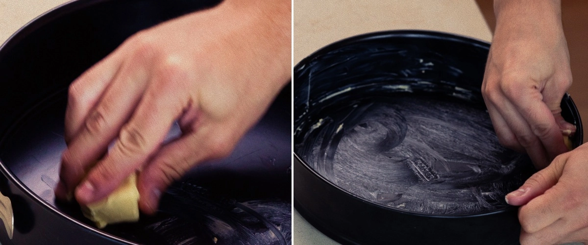 Eine Springform mit Butter einfetten, erster Schritt zum Backen eines hausgemachten Cannabis-Space-Cakes