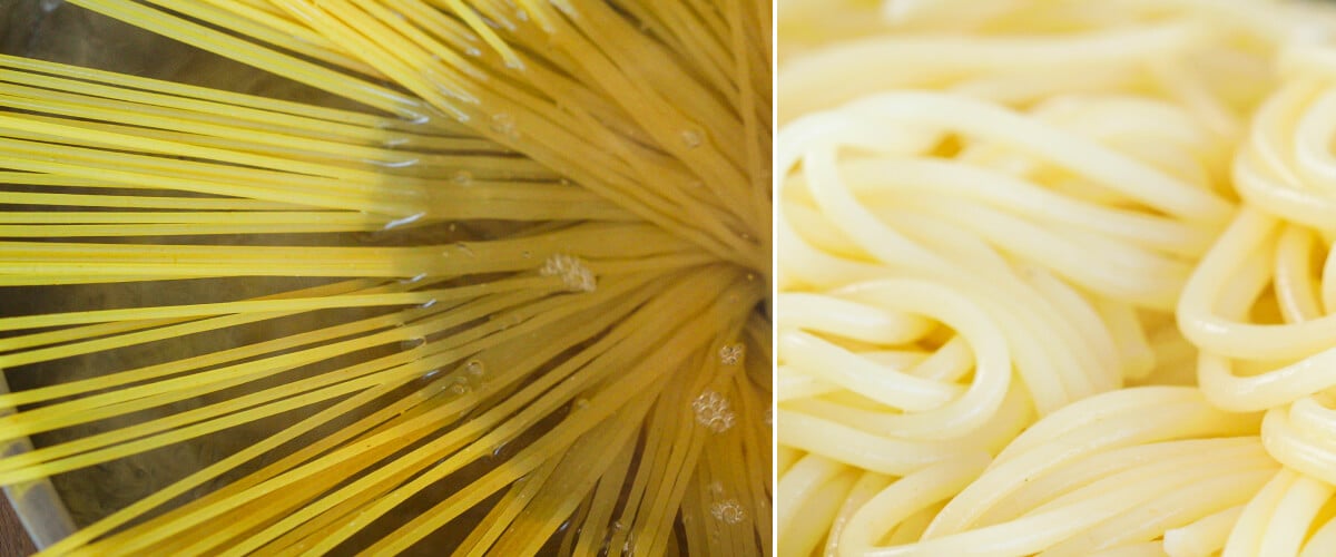Spaghetti kochen in gesalzenem Wasser und frisch abgetropfte Pasta, erster Schritt für eine Cannabis-infundierte Carbonara