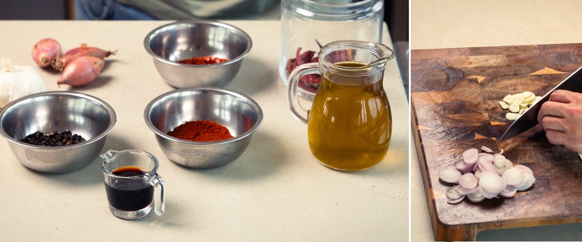 Vorbereitung der Zutaten für mit Cannabis infundiertes Chili-Olivenöl, darunter Olivenöl, Chiliflocken, Gewürze sowie das Schneiden von Knoblauch und Schalotten auf einem Holzbrett