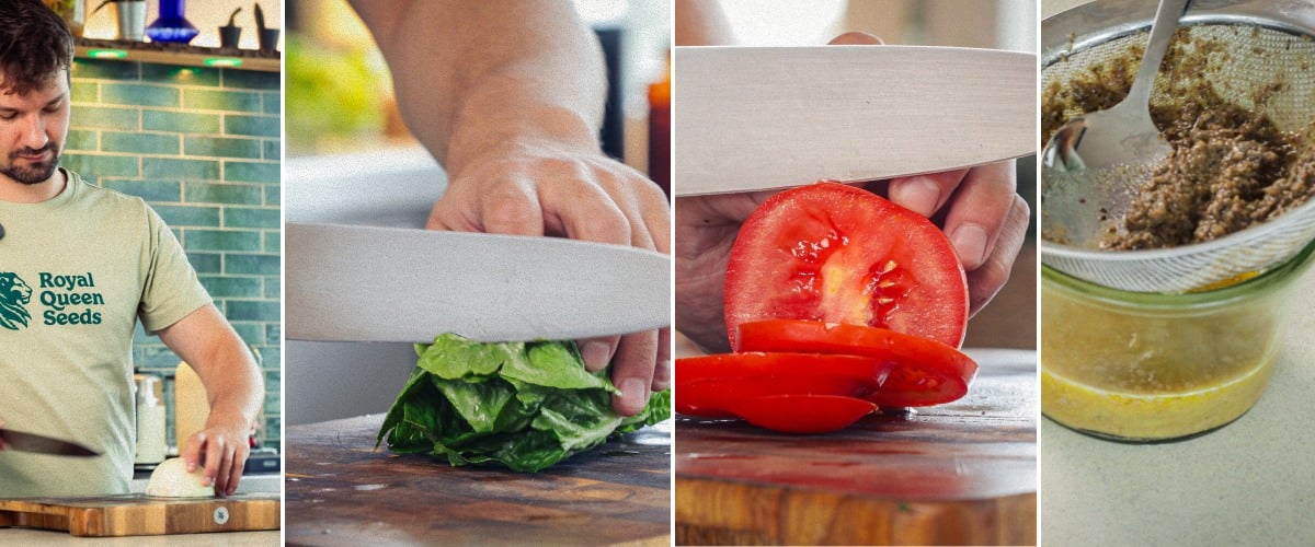 Schritt 1: Zutaten für einen Cannabis-Burger vorbereiten Burger-Zutaten vorbereiten durch Schneiden von Tomaten und Salat, Formen des Hackfleisch-Patties und Erwärmen des infundierten Brötchens, erster Schritt für einen Cannabis-Burger