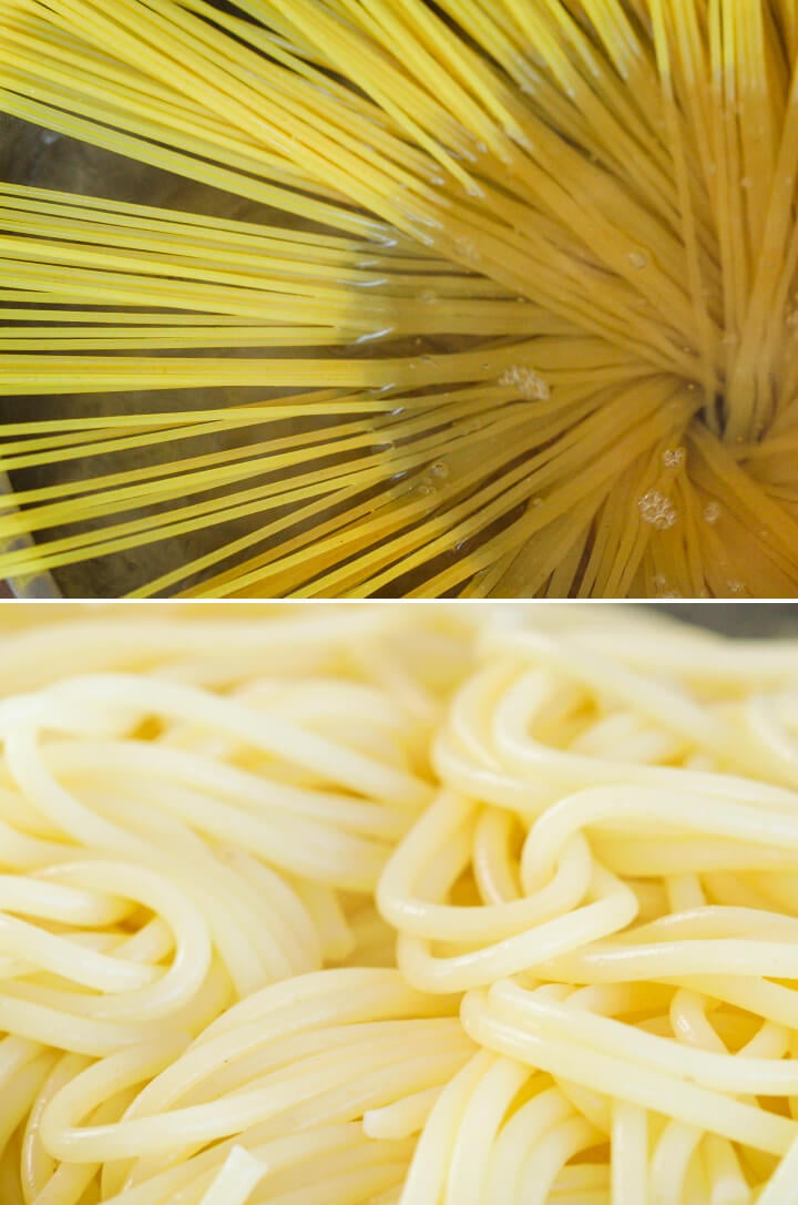 Spaghetti kochen in gesalzenem Wasser und frisch abgetropfte Pasta, erster Schritt für eine Cannabis-infundierte Carbonara