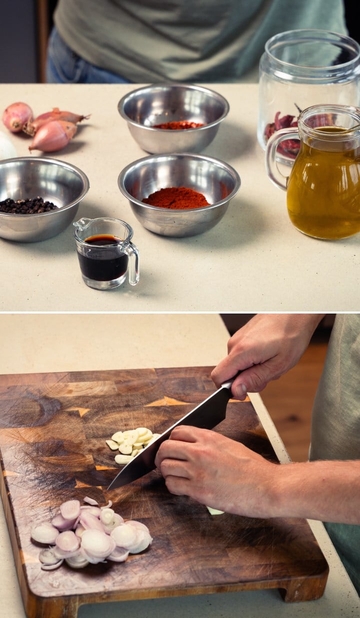 Vorbereitung der Zutaten für mit Cannabis infundiertes Chili-Olivenöl, darunter Olivenöl, Chiliflocken, Gewürze sowie das Schneiden von Knoblauch und Schalotten auf einem Holzbrett