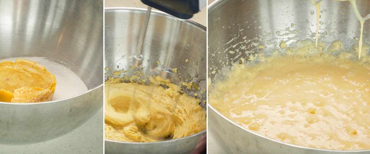 Schokoladenteig mit Butter, Zucker, Eiern, Kakaopulver und Milch verrühren, zweiter Schritt für einen Cannabis-Space-Cake