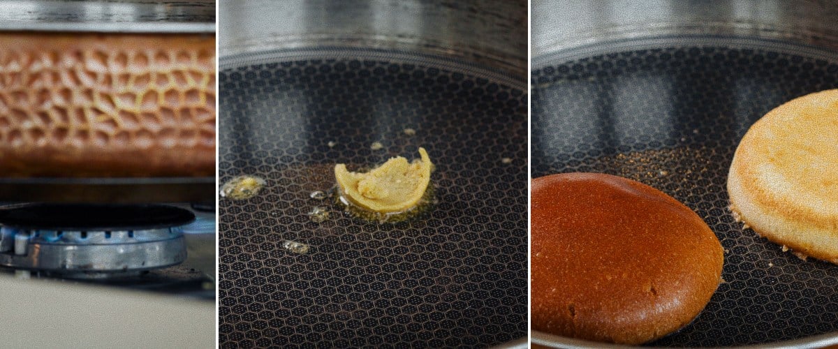 Schritt 2: Burgerbrötchen mit Cannabisbutter infundieren Burgerbrötchen in Cannabisbutter in einer Pfanne rösten, zweiter Schritt zur Zubereitung eines Cannabis-Burgers