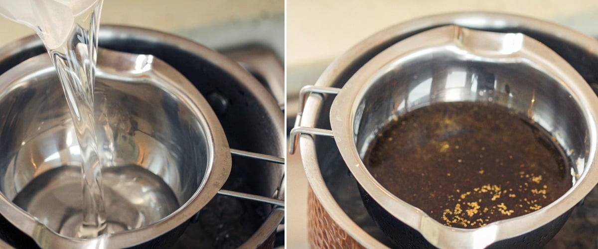 Schritt 2: Decarboxyliertes Cannabis in MCT-Öl infundieren Decarboxyliertes Cannabis wird im Wasserbad in MCT-Öl infundiert, um Cannabinoide schonend zu extrahieren