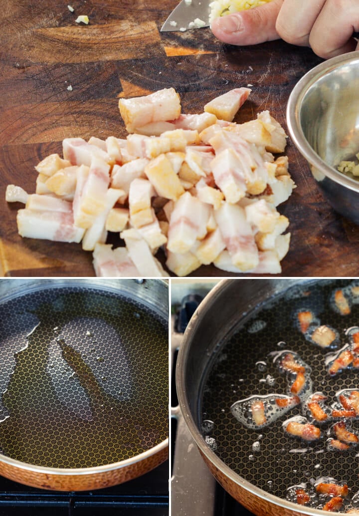 Gewürfelte Pancetta brät in der Pfanne mit infundierter Butter oder Olivenöl, zweiter Schritt für eine Cannabis-Carbonara
