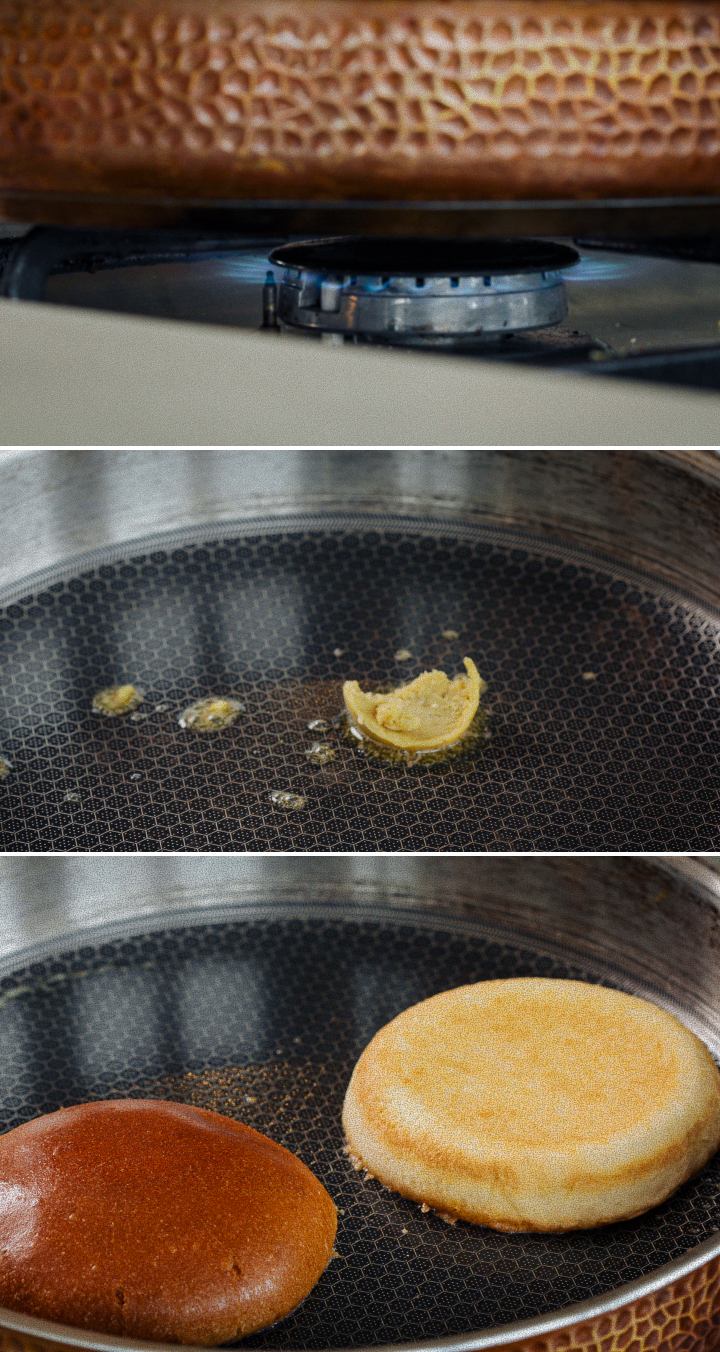 Schritt 2: Burgerbrötchen mit Cannabisbutter infundieren Burgerbrötchen in Cannabisbutter in einer Pfanne rösten, zweiter Schritt zur Zubereitung eines Cannabis-Burgers