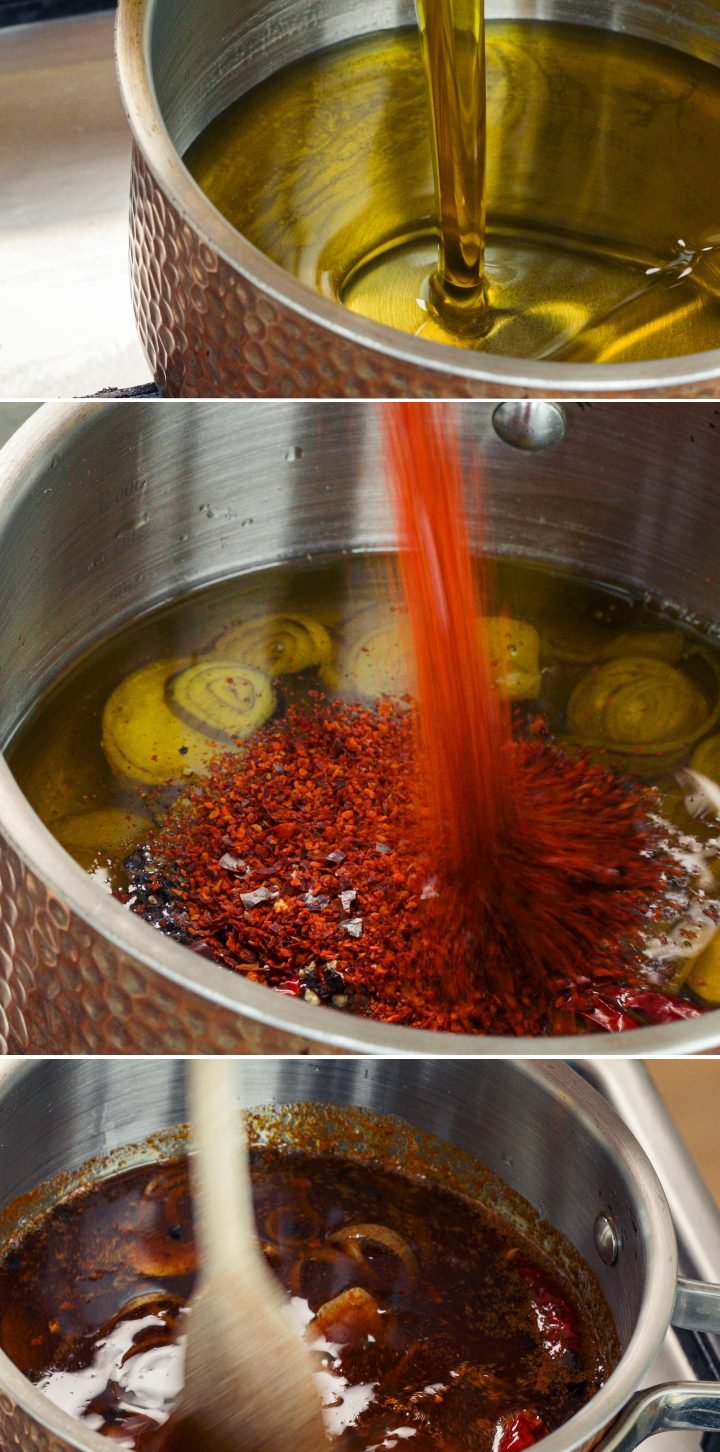 Erhitzen von Olivenöl und Hinzufügen von Chiliflocken, Aromaten und decarboxyliertem Cannabis in einem Topf zur Herstellung von Chili-Cannabis-Öl