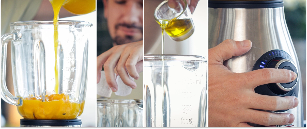 Schritt 3: Mango, Minze, Cannabis-MCT-Öl und Lecithin in den Mixer geben Hinzufügen von gehackter Mango, Minze, Eiswürfeln, Cannabis-MCT-Öl und Lecithin in den Mixerbehälter vor dem Mixen.