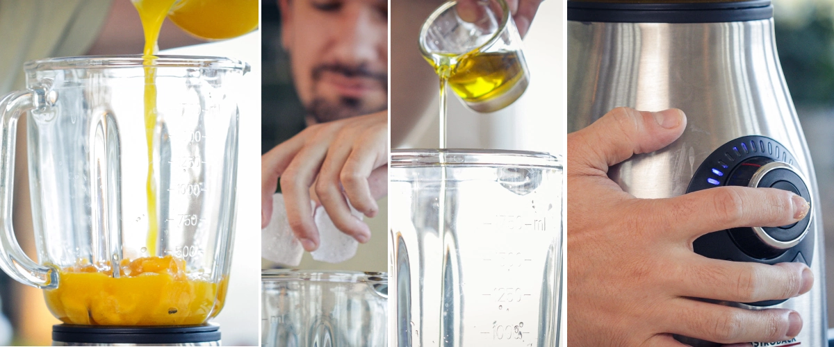 Schritt 3: Mango, Minze, Cannabis-MCT-Öl und Lecithin in den Mixer geben Hinzufügen von gehackter Mango, Minze, Eiswürfeln, Cannabis-MCT-Öl und Lecithin in den Mixerbehälter vor dem Mixen.