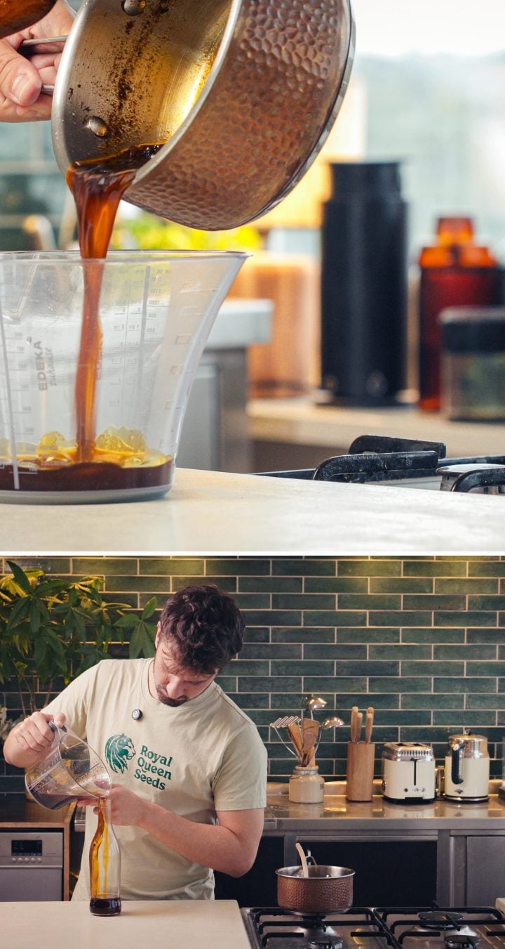 Abseihen von mit Cannabis infundiertem Chiliöl durch ein Sieb und Abfüllen in eine Glasflasche zur Aufbewahrung