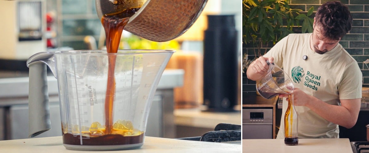 Abseihen von mit Cannabis infundiertem Chiliöl durch ein Sieb und Abfüllen in eine Glasflasche zur Aufbewahrung