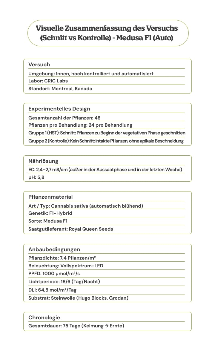 Medusa F1 (Auto)-Versuch: Topping vs Kontrolle – visuelle Zusammenfassung Visuelle Zusammenfassung des Medusa F1 (Auto)-Versuchs: Topping vs Kontrolle, mit Versuchsaufbau, Pflanzenmaterial, Anbaubedingungen, Nährlösung und Zeitplan
