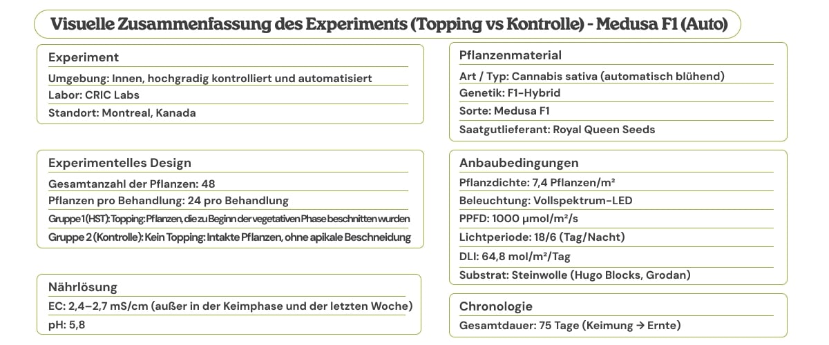 Medusa F1 (Auto)-Versuch: Topping vs Kontrolle – visuelle Zusammenfassung Visuelle Zusammenfassung des Medusa F1 (Auto)-Versuchs: Topping vs Kontrolle, mit Versuchsaufbau, Pflanzenmaterial, Anbaubedingungen, Nährlösung und Zeitplan