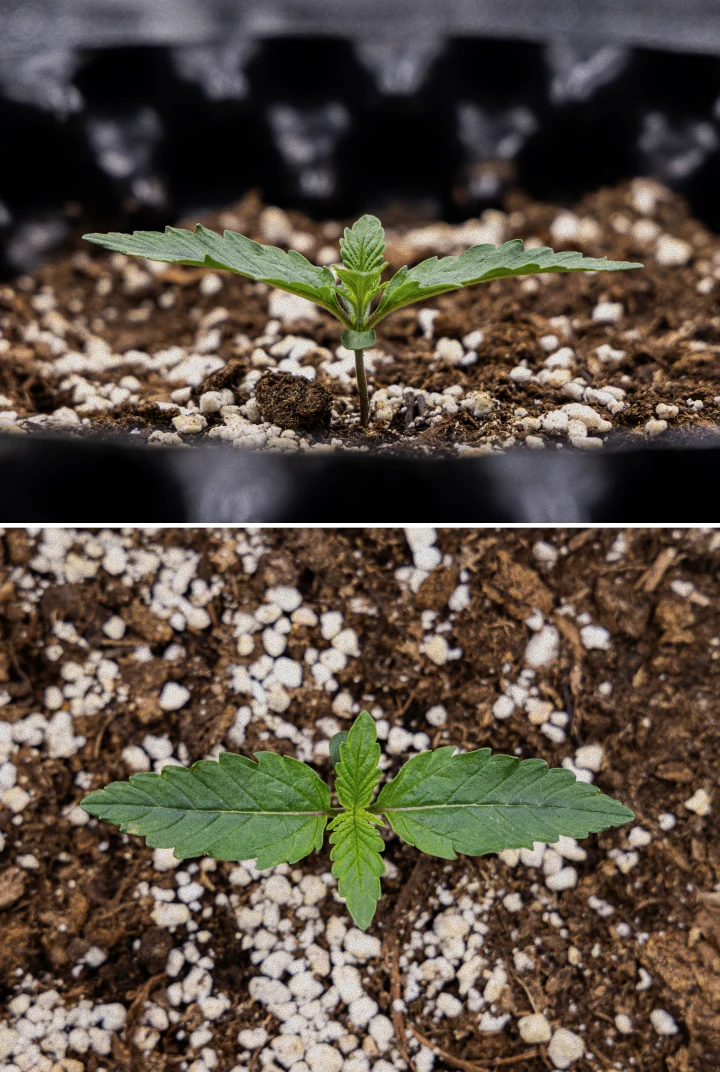 GOAT'lato Auto Grow-Report – Woche 1 Keimlingsphase GOAT'lato Auto Cannabis-Keimling in Woche 1 im BioBizz Light Mix unter LED-Licht mit ersten echten Blättern und kräftigem frühem Wachstum